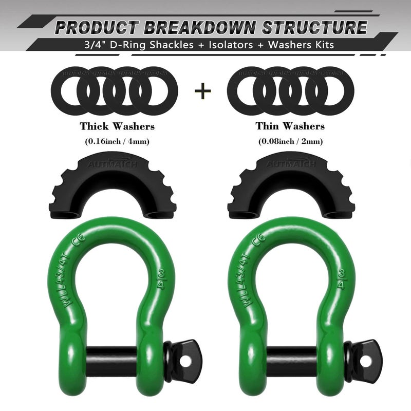 AUTMATCH D Ring Shackle 3/4 "" Shackles (2 Pack) 41,887Ibs Break Strength, Clevis Shackle with 7/8 "" Screw Pin and Shackle Isolator Washer Kit for Tow Strap Winch Off Road Vehicle Recovery, Dark Green - Image 2